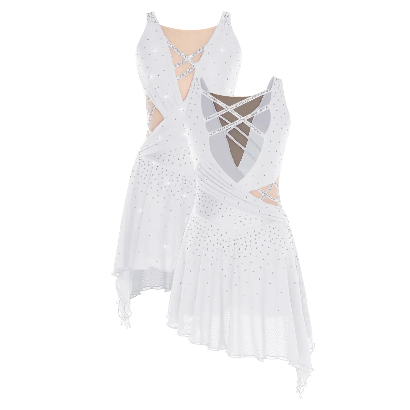 Costume de spectacle de danse lyrique pour femmes, maillot de Ballet de patinage artistique, vêtements de danse de gymnastique, robe justaucorps sans manches avec strass