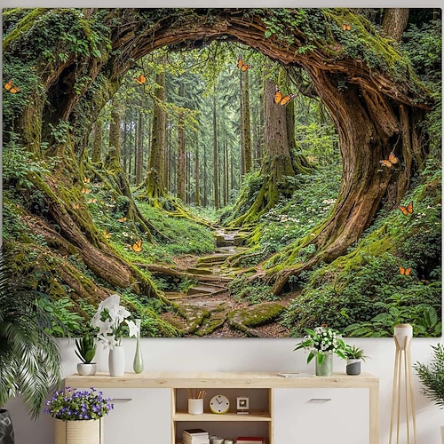 schöner grüner Waldbaum Ast Kreis Loch Landschaft hängender Wandteppich Wandkunst großer Wandteppich Wandbild Dekor Fotografie Hintergrund Decke Vorhang Haus Schlafzimmer Wohnzimmer Dekoration Image