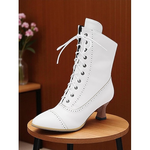 Silberne viktorianische Stiefeletten mit Schnürung im Edwardian-Stil für Damen mit kleinem Absatz und Brogue-Details – elegante Stiefel im Retro-Steampunk-Stil der 1920er Jahre für Damen, perfekt für Image
