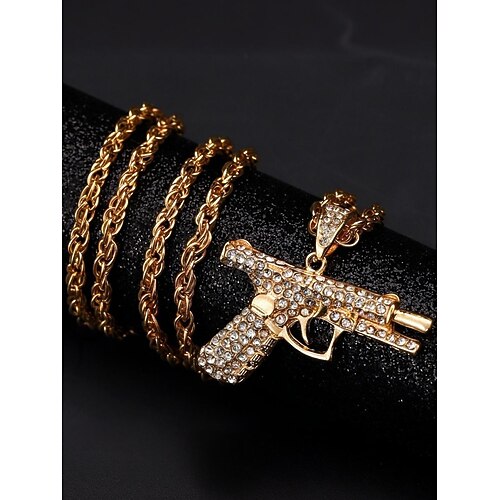 Herren-Halskette mit Anhänger aus Legierung und Strass-Pistolen-Design, Hip-Hop-Bling-Schmuckkette, modisches Statement-Accessoire für Partys, Konzerte und Streetwear Image