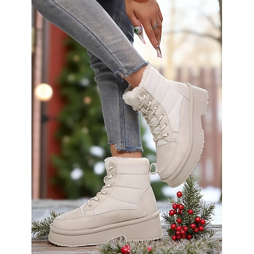 Warme, mit Fell gefütterte, wasserdichte Winterstiefel für Damen, Plateau-Schneestiefel mit Schnürung und rutschfester Sohle, modisches Freizeitschuhwerk für draußen bei kaltem Wetter Image