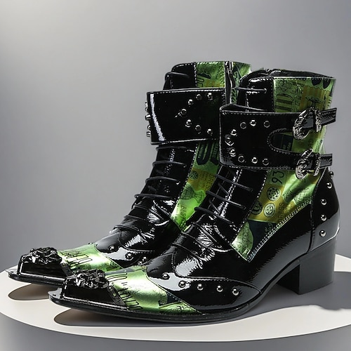Grüne Westernstiefel aus echtem Leder für Herren mit Krokoprägung und Schnallenriemen, Cowboystiefeletten aus 100 % Rindsleder für Bühne, Partys und Modeauftritte Image