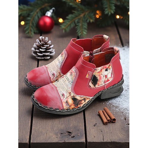 Damen Echtleder Stiefeletten in Rot handgefertigt mit künstlerischem Patchwork-Print, bequeme Chelsea-Stiefel im Vintage-Stil für Weihnachten, Winteroutfits Feiertagstreffen Image