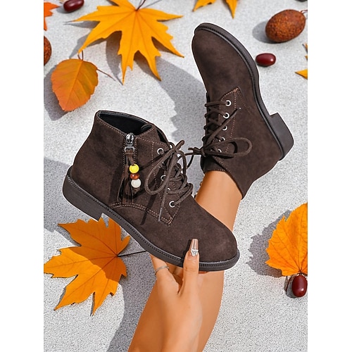 Dunkelbraune Damenstiefeletten zum Schnüren mit seitlichem Reißverschluss und Perlenquastendetail, bequeme Stiefel aus Wildlederimitat im City-Nomadenstil mit niedrigem Absatz für lässige Image