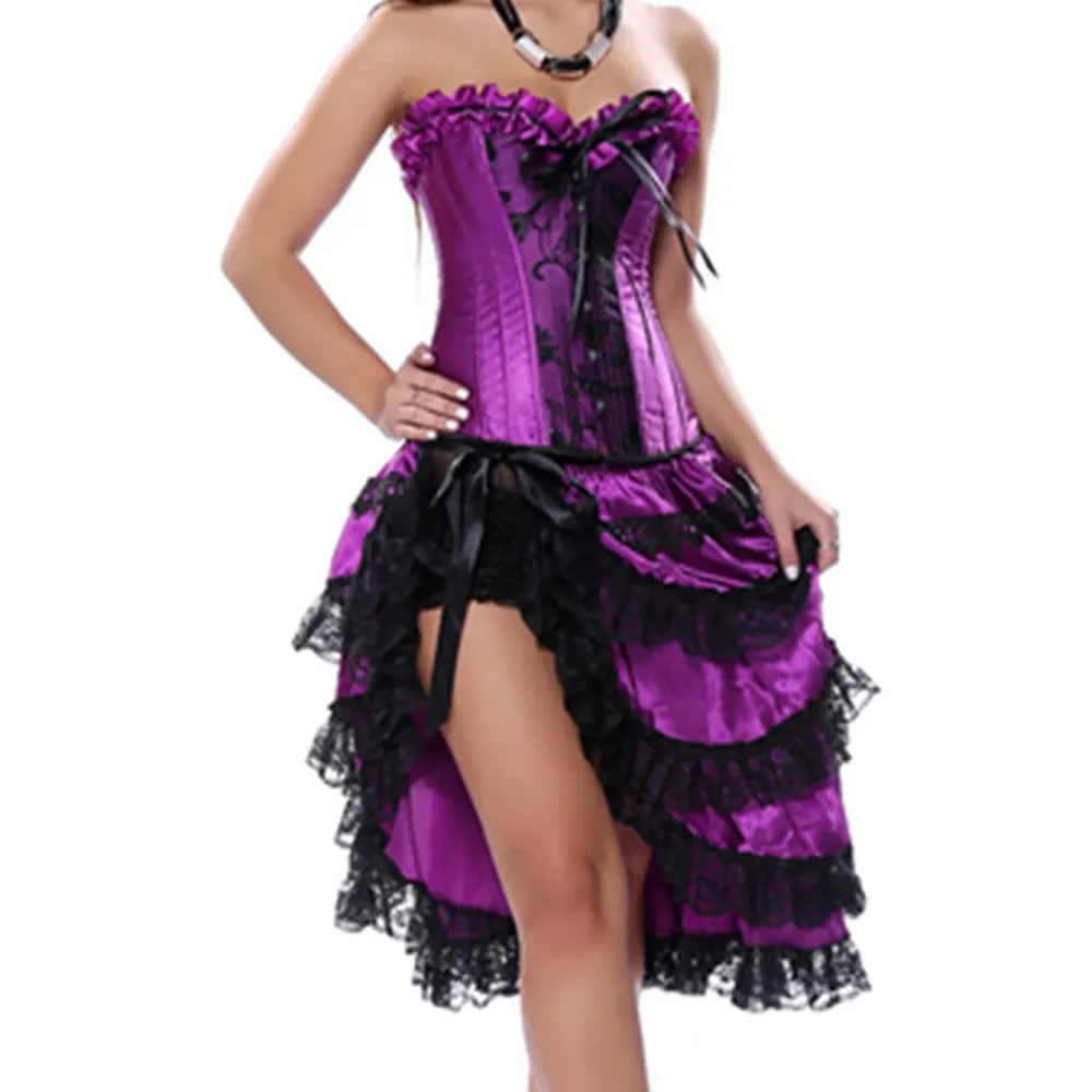 Gothic Burlesque Vollbrustkorsett Sexy Lila Tänzerin Kleid Dessous Showgirl Top mit Lagenrock Plus Größe S-6XL