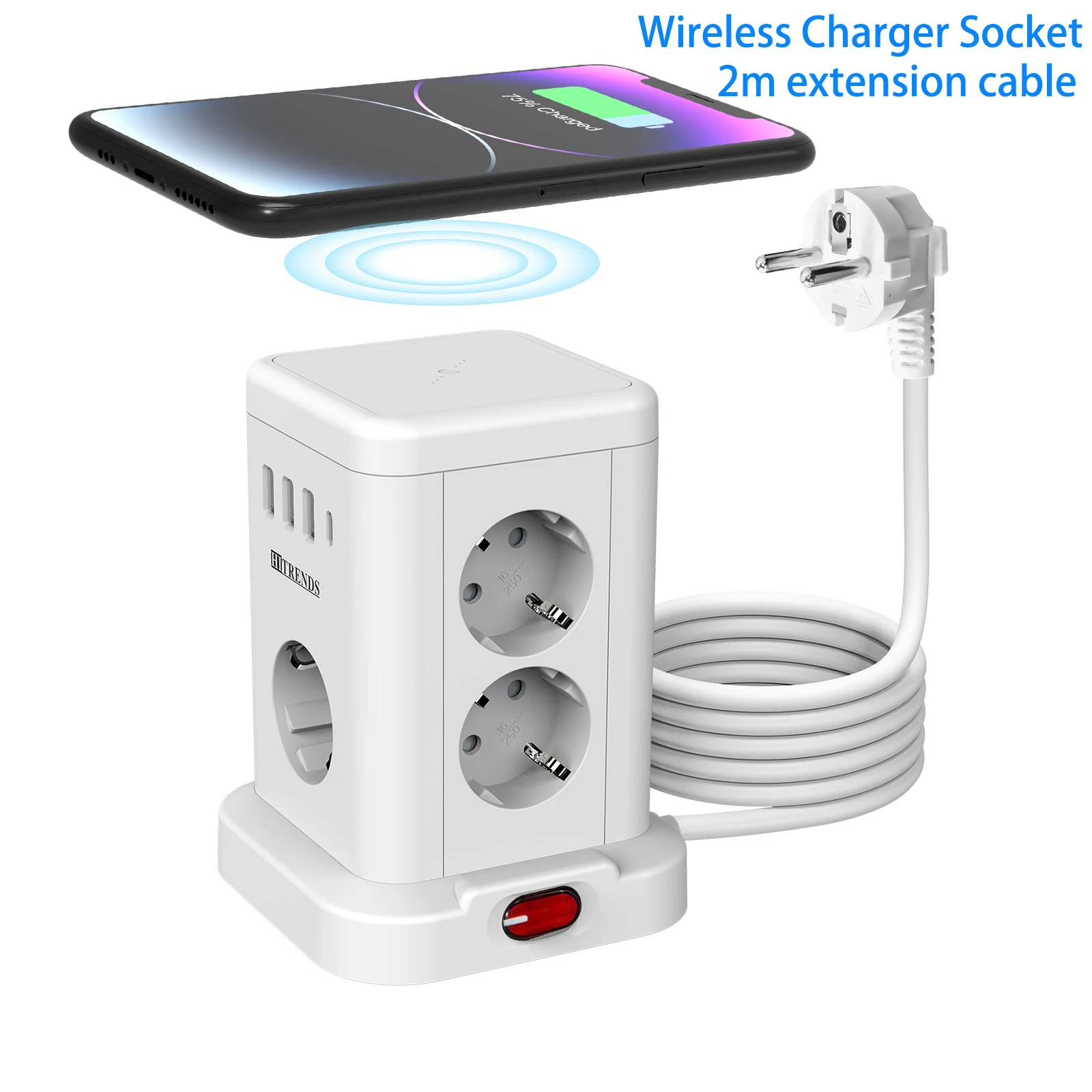 7/11AC EU-Stecker Smart Power Board mit kabellosem Ladegerät 3 USB 1 Typ C-Ladefunktion, 2 m Verlängerungskabel, mehrere Steckdosen für zu Hause Image