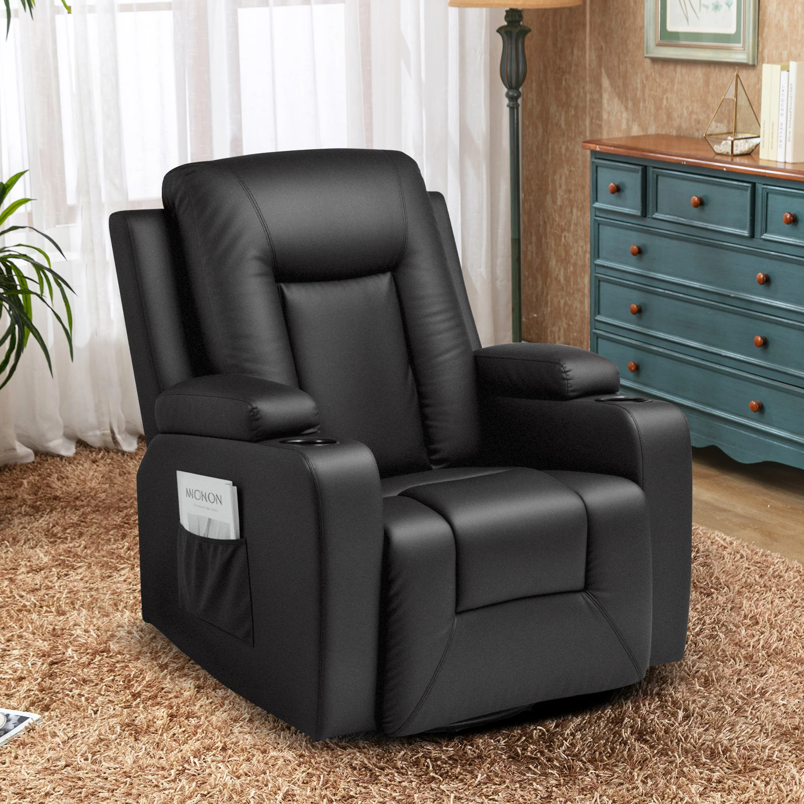 COMHOMA Relaxsessel Fernsehsessel mit Liegefunktion, Schaukelstuhl mit Getränkehaltern und 2 Seitentaschen PU-Leder / Stoff Image