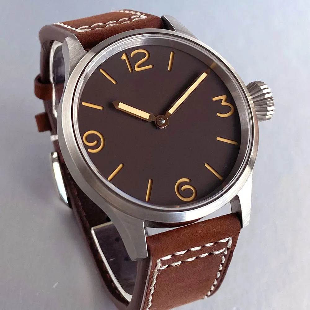 Einfache Corgeut 43 mm mechanische Herren-Armbanduhr mit Handaufzug, 17 Juwelen, 6497-Uhrwerk, schwarzes Zifferblatt, Lederarmband, Mineralglas Image