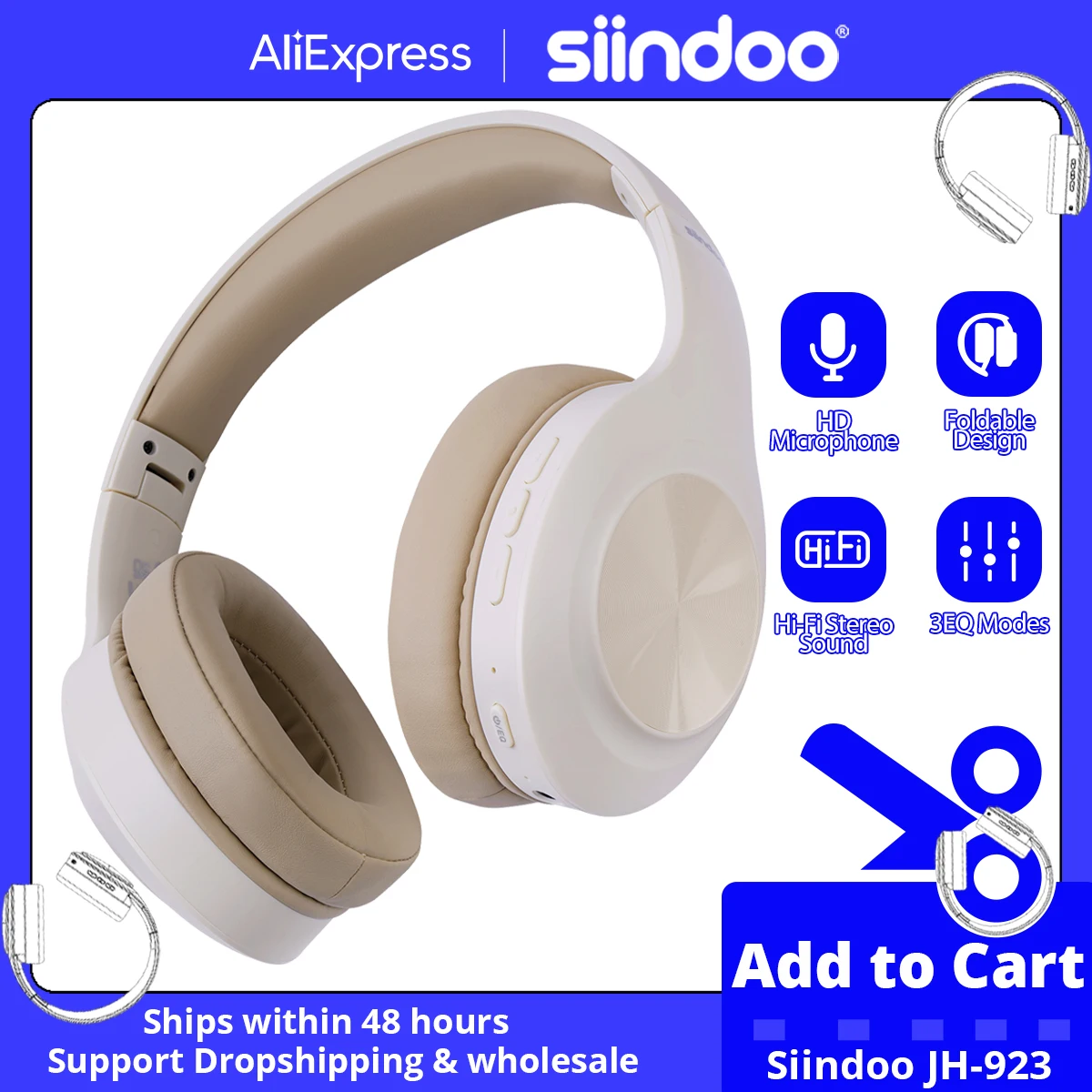 Siindoo JH-923 Kabellose Kopfhörer über dem Ohr, faltbare Bluetooth-Headsets, 3EQ-Soundmodi, hochauflösendes Audio mit Mikrofon, tiefer Bass, Khaki Image