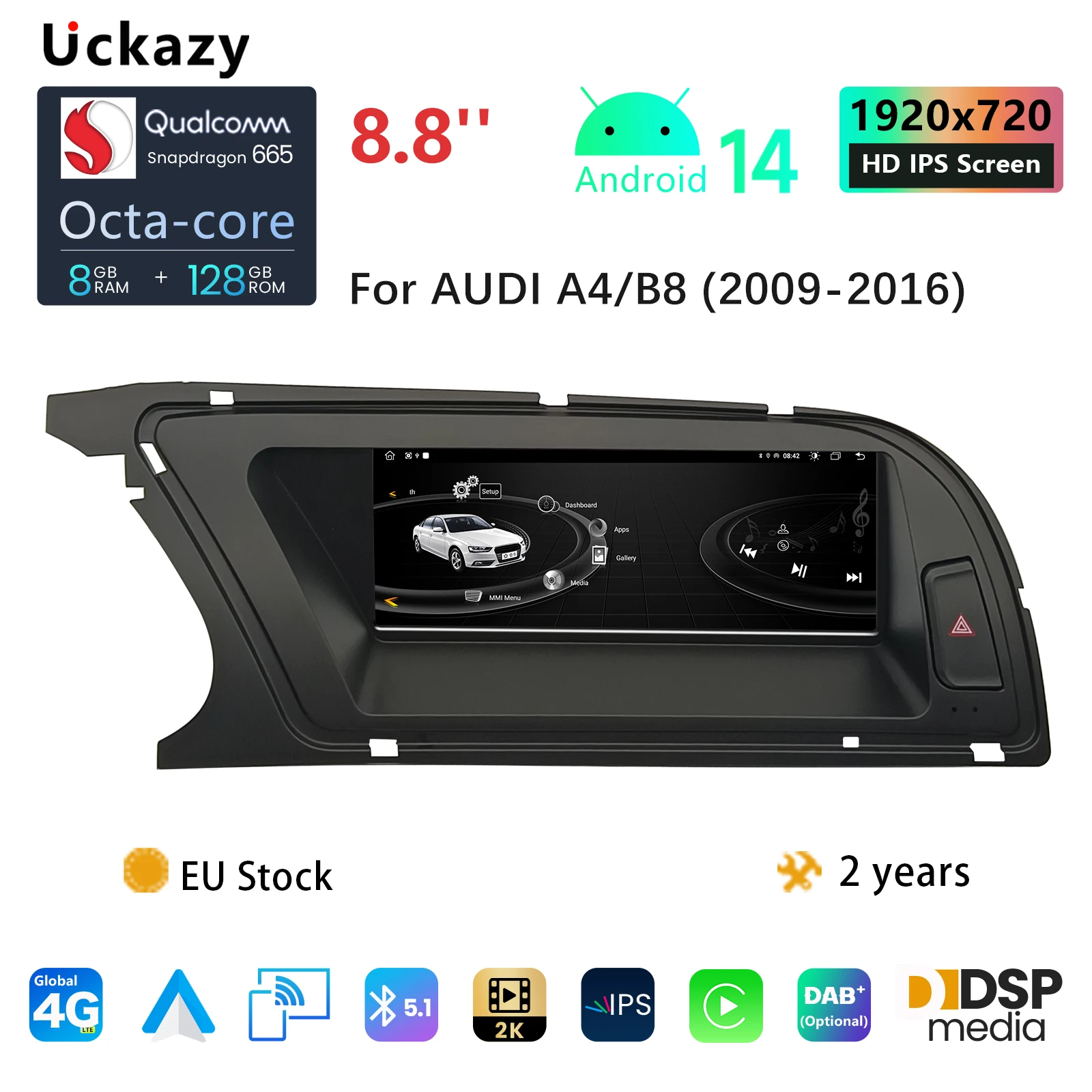 8,8 "Snapdragon 665 AutoRadio Android 14 Auto Radio Bildschirm Player Für Audi A4 B8 2009-2016 MMI multimedia Stereo WIFI 4G CarPlay Image