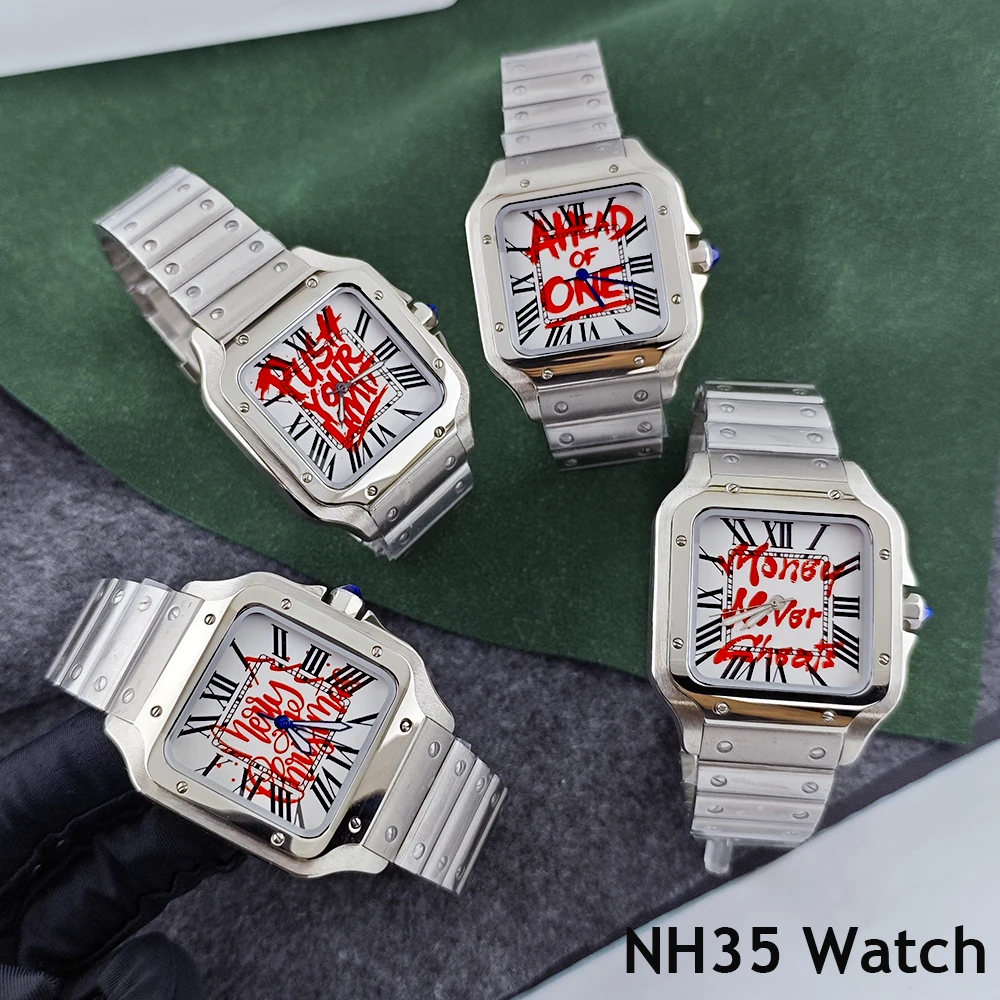 Neue Santos NH35 Uhr Frohe Weihnachten Uhr Herrenuhr Individuelles Logo Uhr 38mm Edelstahl Uhr NH35 Uhrwerk Uhr