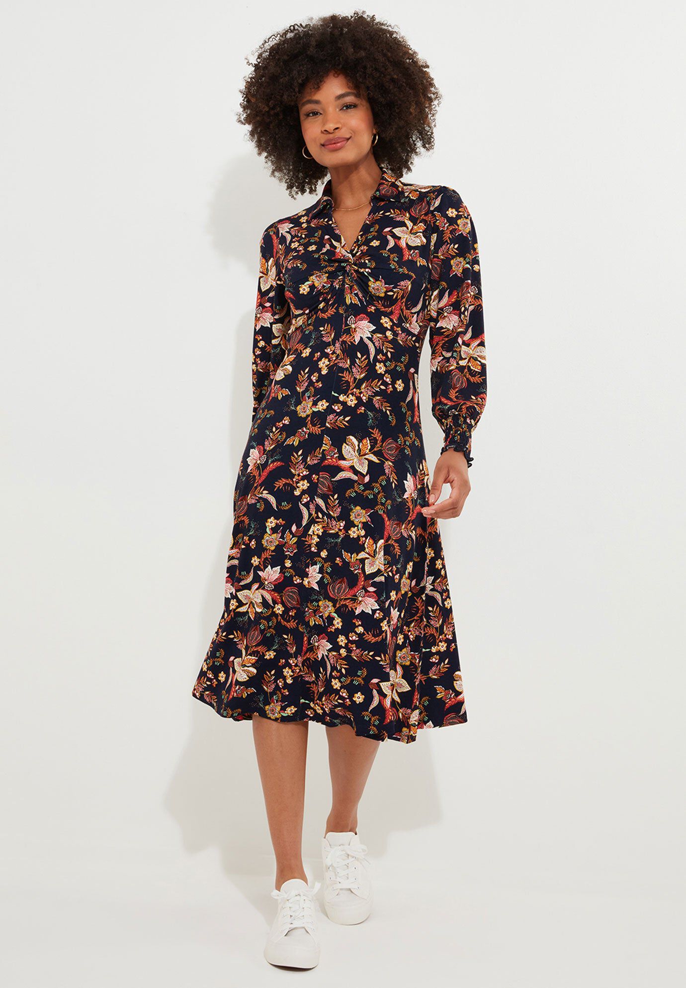 Plus Size Women's Stretch Knit Knot Front Midi Dress by Joe Browns in Navy Botanical (Size M)