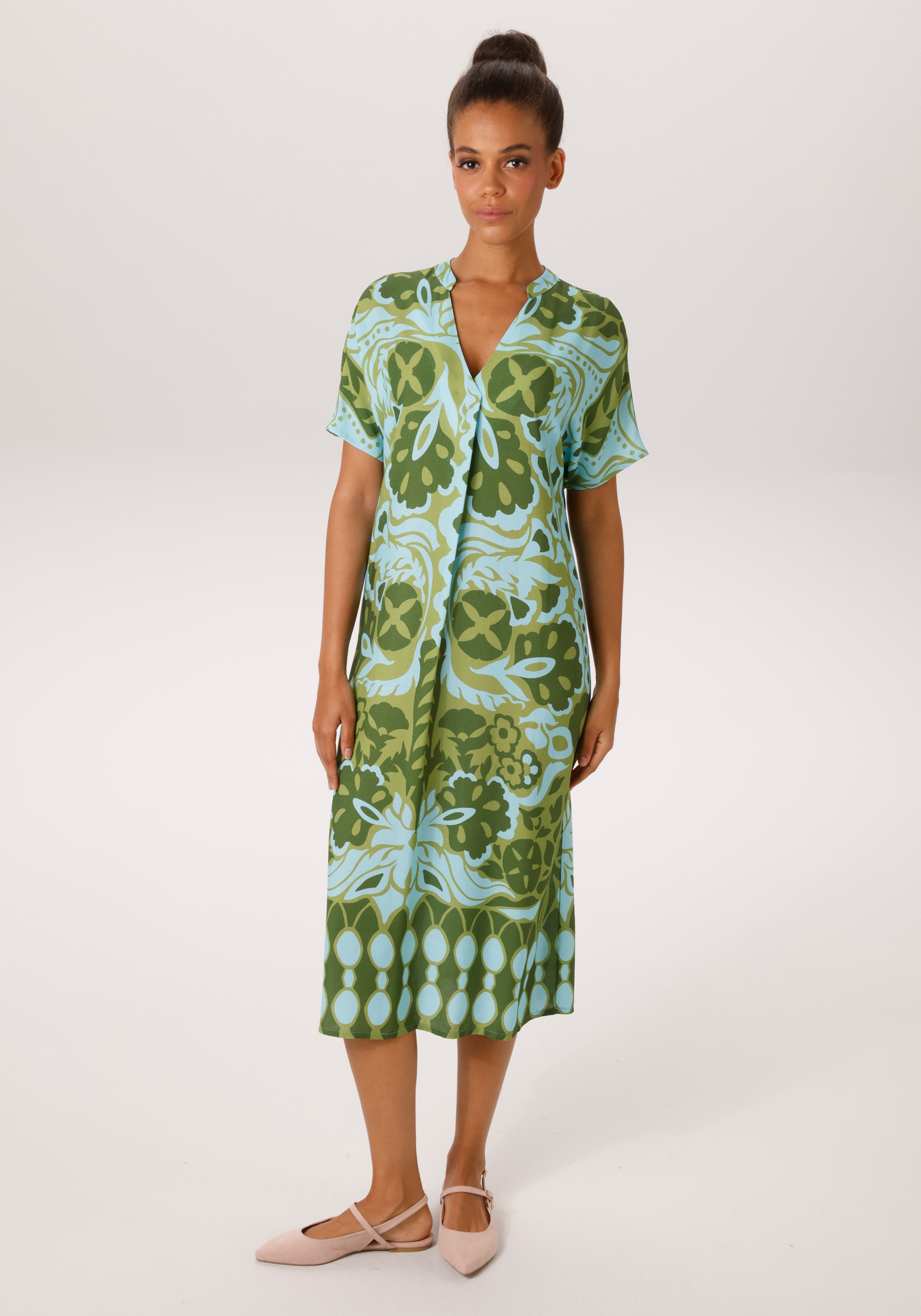 Sommerkleid ANISTON CASUAL, Damen, Gr. 44, N-Gr, türkis, oliv, moosgrün, Web, Obermaterial: 100% Viskose, bedruckt, geblümt, gemustert, figurumspielend kniebedeckend, V-Ausschnitt, Kleider Sommerkleid, mit extravagantem, grafischen Druck