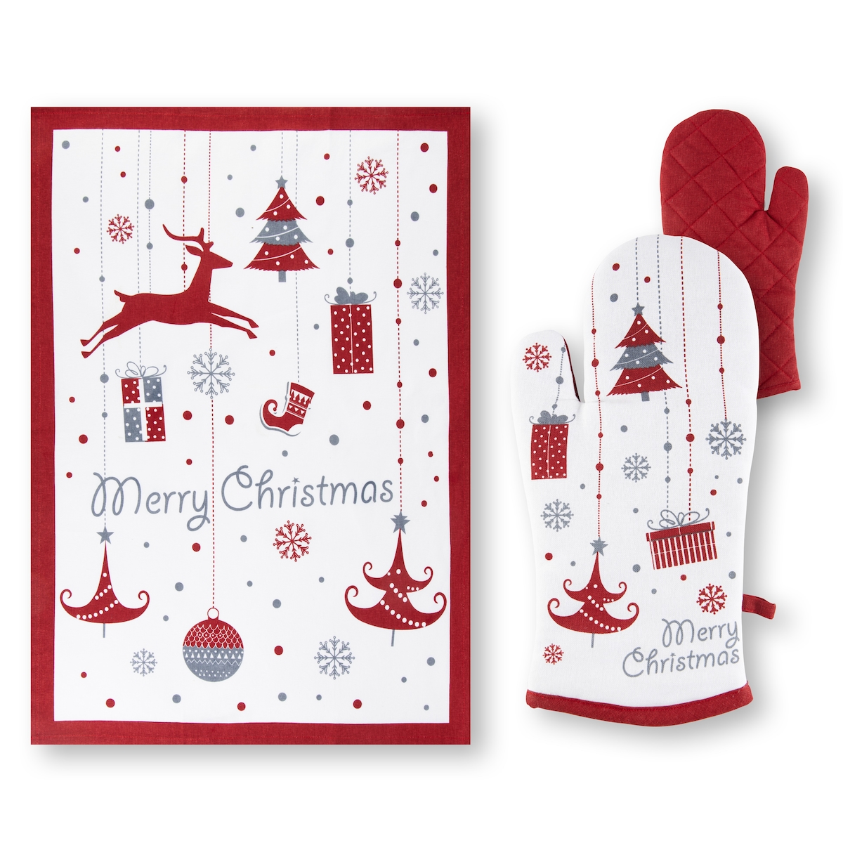 Excelsa Ofenhandschuh und Geschirrtuch Merry Christmas Baumwolle weiß-rot Image