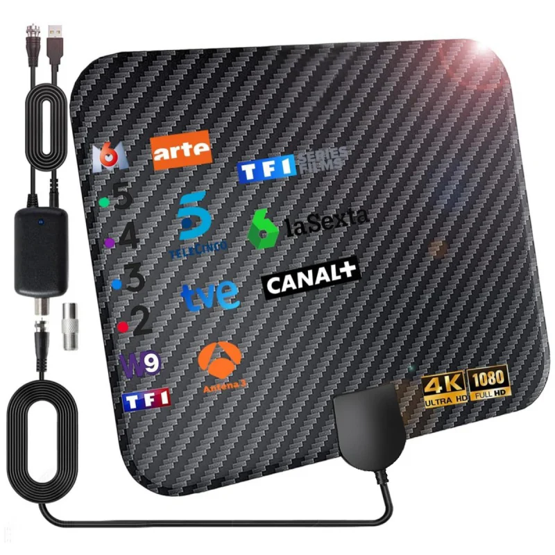 2025 Neueste TV-Antenne für den Innenbereich, HD-Digital, 4K 1080p, Smart TV, 360-Grad-Signalverstärker, Kohlefaser, UHF, VHF Image