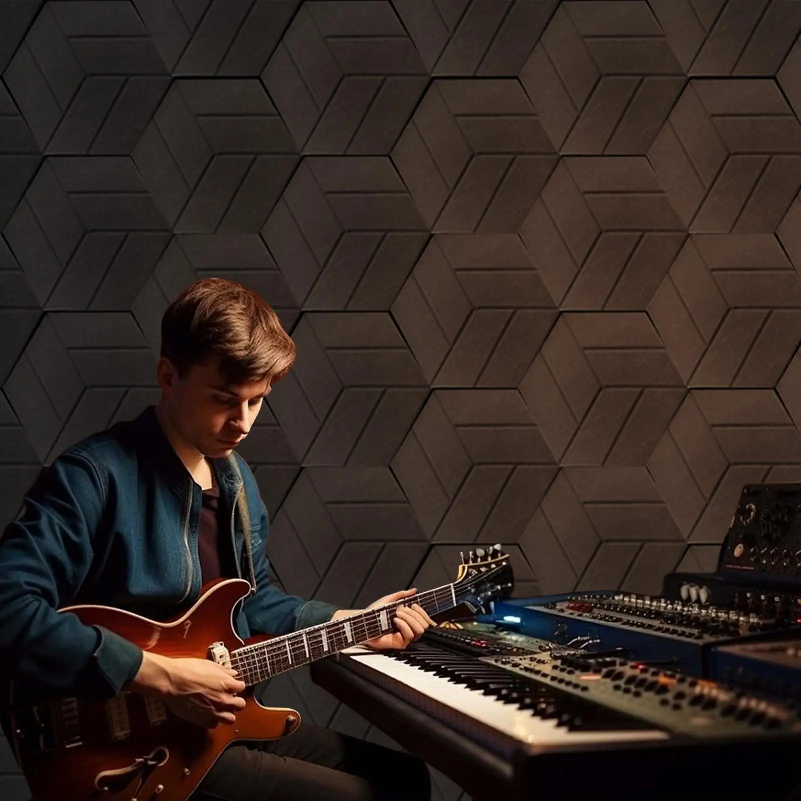 Selbstklebende Filz-Akustikplatten, schalldichte, solide sechseckige Design-Wandaufkleber, um den Klang zu absorbieren, Lärmschutz, Hintergrunddekoration Image