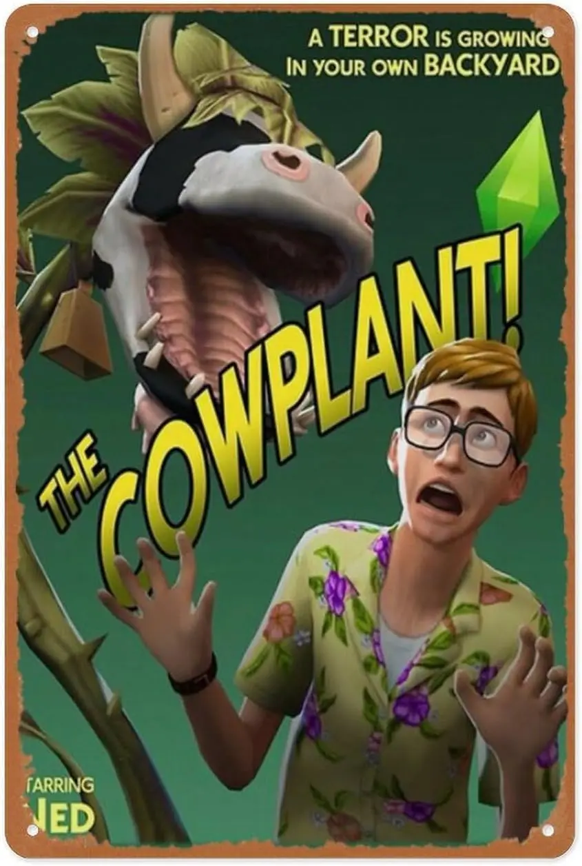 Retro Game Metal Sign - The Cowplant! Movie Poster - The Sims 4 Plumbob Basegame - 8x12 Inch Video Game Wall Art | Console sign