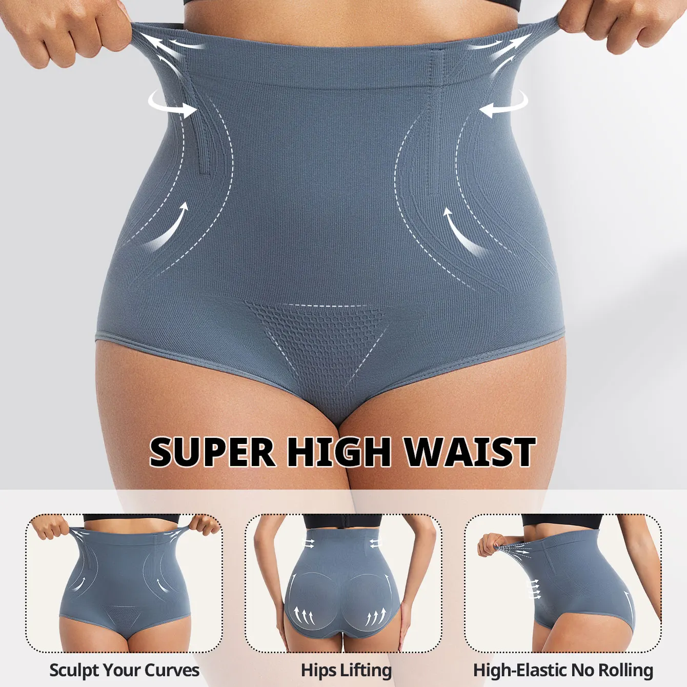 Graue Shapewear für Frauen, hohe Taille, Trainer-Höschen, Bauchkontrolle, Hüfte, Po-Heber, Shorts, schlankmachende Hülle, Damen-Körper mit mittlerem Oberschenkel Image