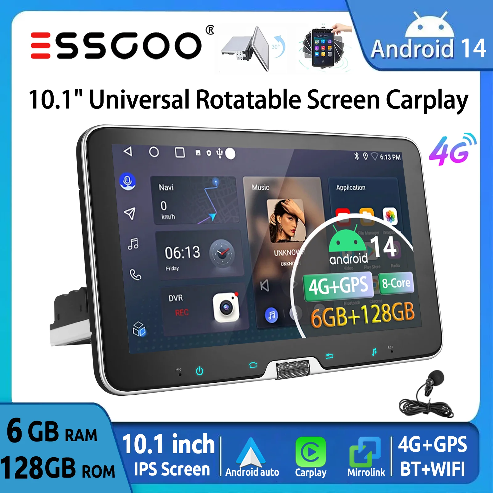 ESSGOO Universal Autoradio 1 DIN 10,1" 6+128 GB 4G Android 14 Drehbarer Bildschirm Wireless CarPlay Android Auto 8-Kern GPS Navigation AM FM Bluetooth WiFi RDS Lenkradfernbedienung Mirror Link Head Image
