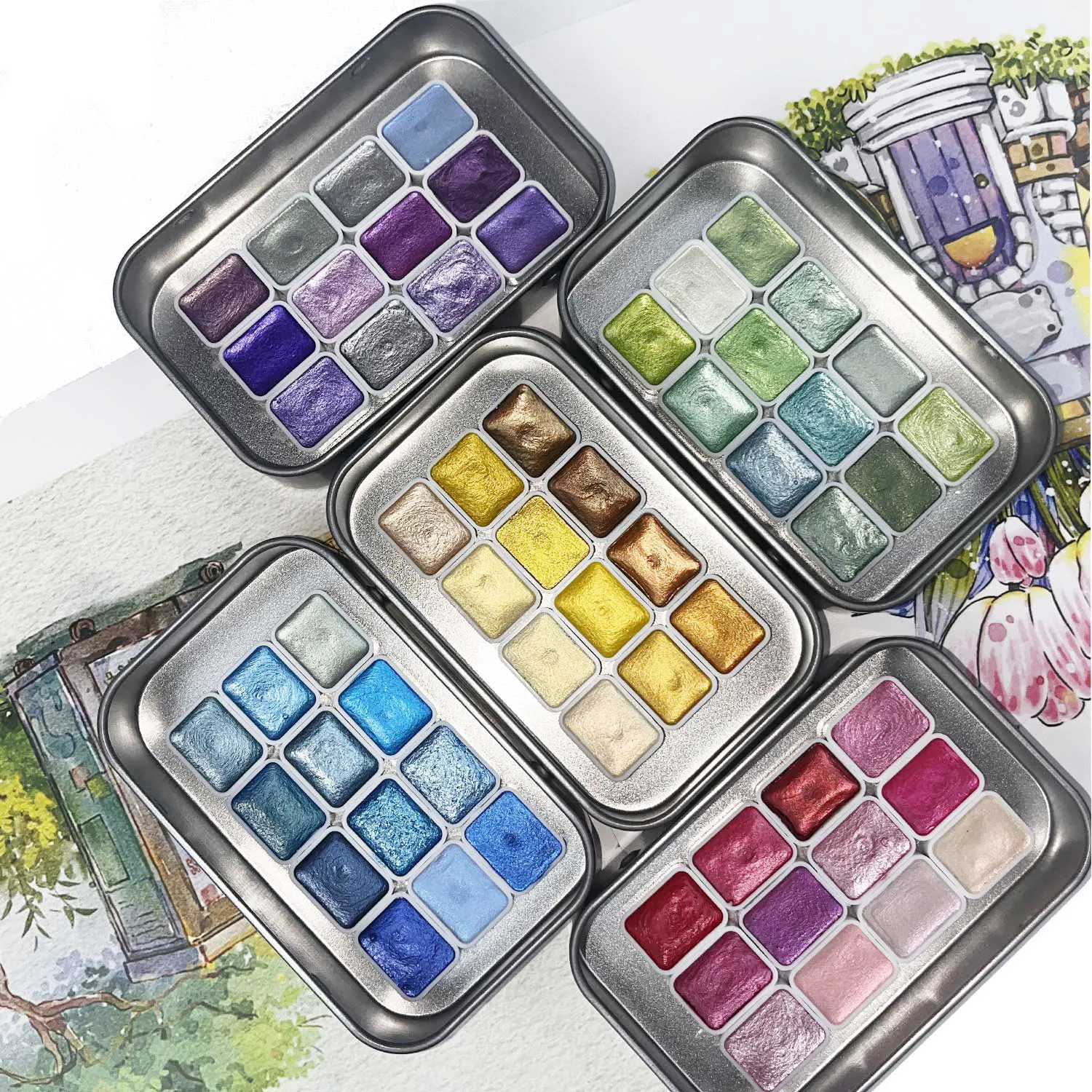 12-Glitzer-Aquarellfarben-Set, Flash-Perlglanz mit Metallbox, solide Aquarelle, Malpigmente, Malzubehör Image