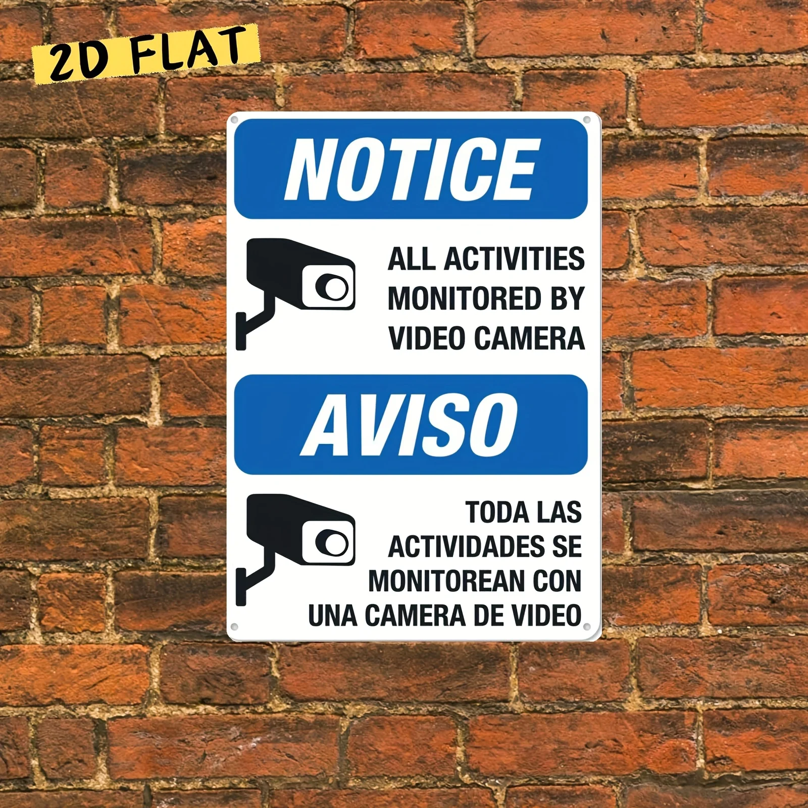 Retro-Metallblechschild – zweisprachige Warnung für Überwachungskameras, „Hinweis: Alle Aktivitäten überwacht durch Videokamera“ & „Aviso: Franco Image