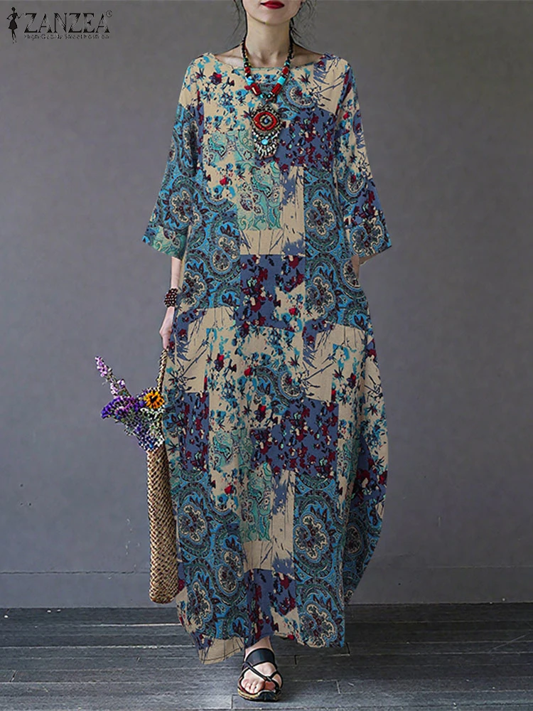 Plus Größe Herbst Gedruckt Kleider ZANZEA Vintage Frauen O Neck 3/4 Hülse Kleid Beiläufige Lose Baumwolle Vestidos Kaftan Robe Femme