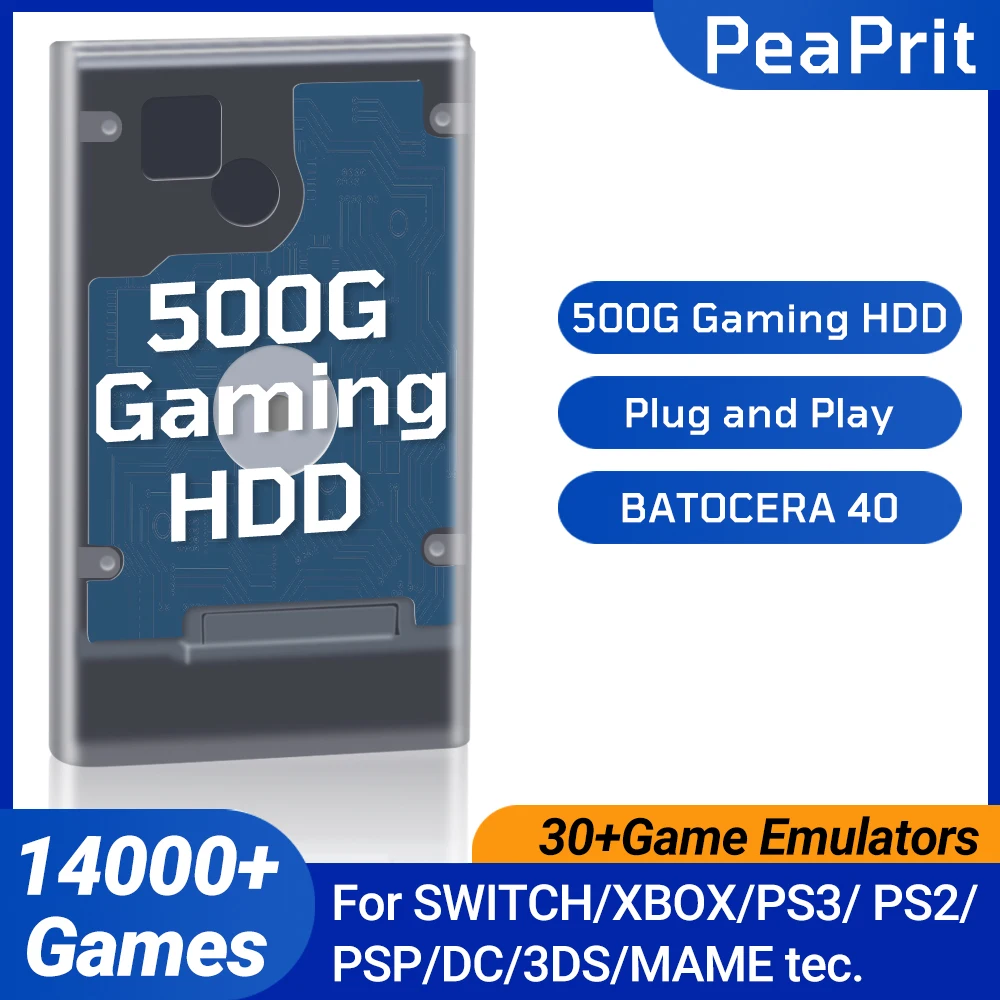 PEAPRIT 500G Gaming HDD Retro-Spielekonsole 14000 Videospiele 30 Emulatoren für SWITCH/X BOX/PS3/PS2/PSP Plug and Play Batocera OS