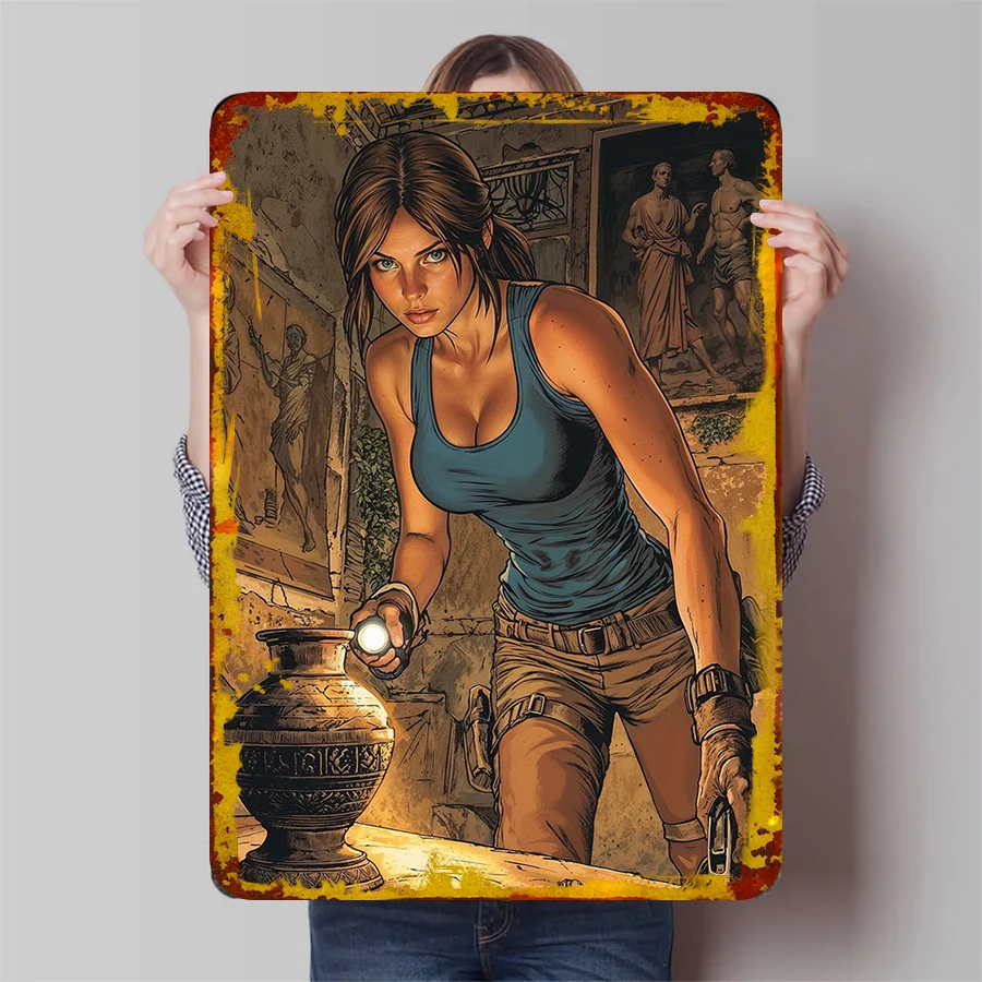 Tomb Raider Lara Croft Vintage Metall-Wandkunst, Gaming-Dekoration für Zuhause, Büro, Sammlung, Geschenk, 30,5 x 20,3 cm Image