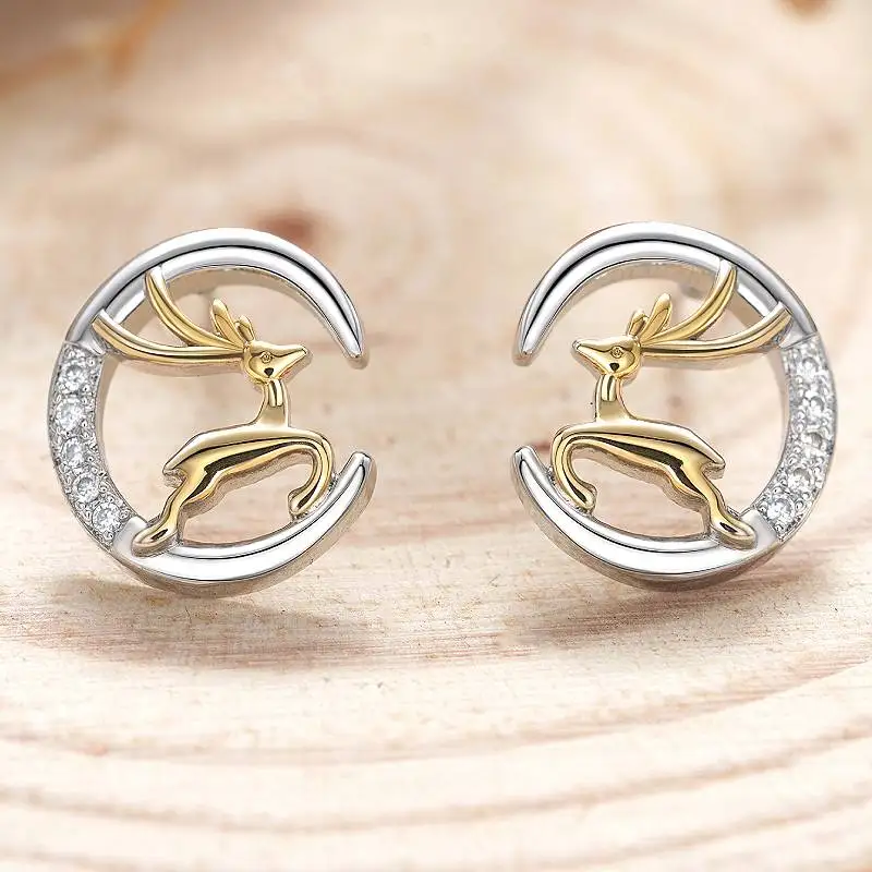 Huitan Moon Elk Design Damen-Ohrstecker, Weihnachtsfeier, bezaubernd, süßes Geschenk, Accessoires, eingelegte, glänzende CZ, anmutiger Schmuck Image