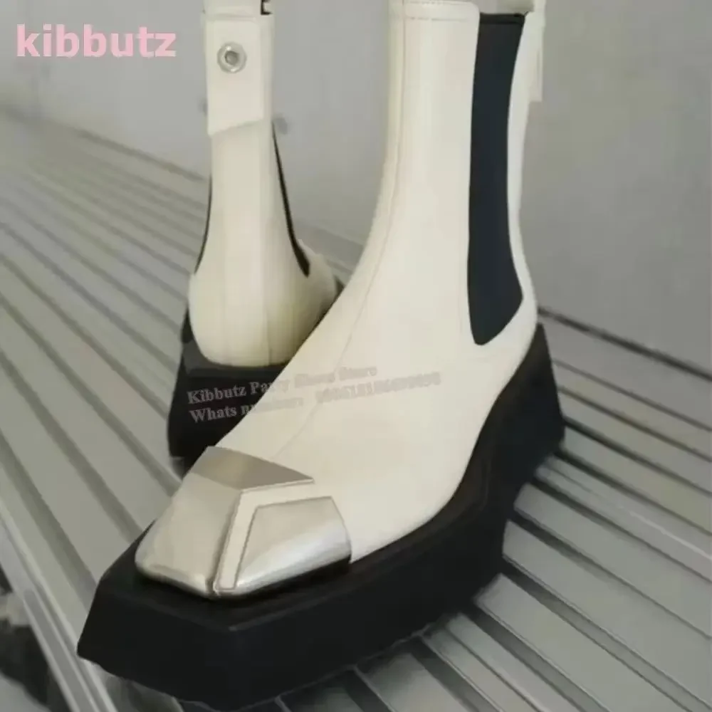 Knöchel-Biker-Stiefel, dicke Sohle, Metall, quadratische Zehenpartie, Leder, einfarbig, Schwarz, Slip-On, britischer Stil, Mode, Neuheit, elegante sexy Schuhe