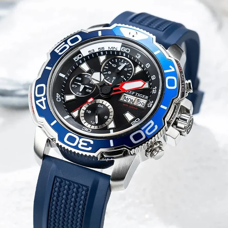 Reef Tiger Herren-Automatikuhr, 45 mm, militärische mechanische Armbanduhr, 50 m wasserdicht, leuchtendes Multi-Zifferblatt, Monat, Woche, Datum, 24 Stunden