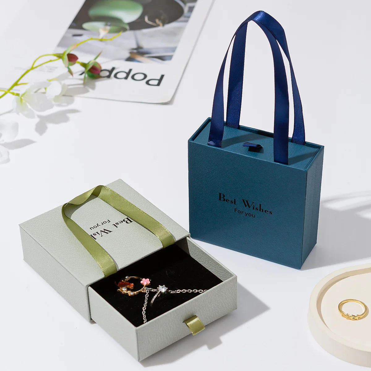 Handheld Schmuckschatulle Papier Ausziehbare Schublade Schmuckschatulle Reise Tragbare Ring Ohrringe Halskette Geschenke Verpackung Aufbewahrungsboxen Image