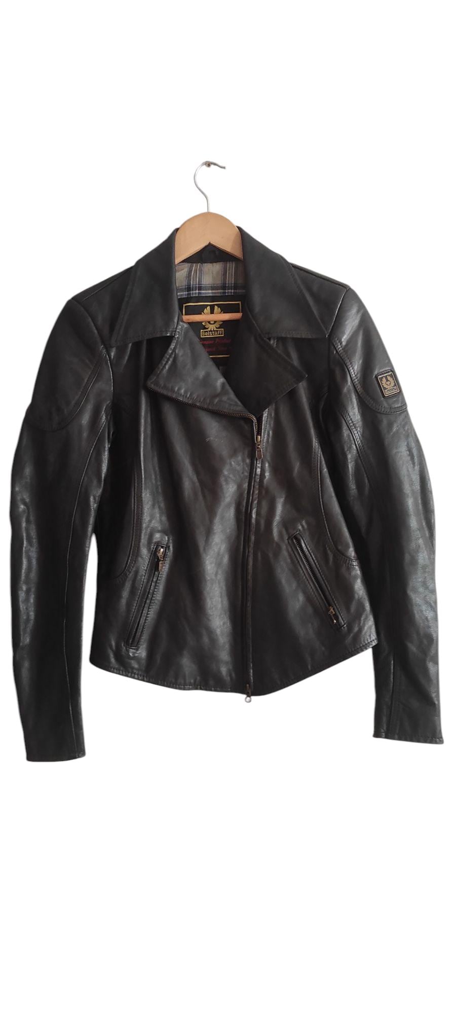 Giacca da donna in pelle Belstaff Vintage, etichetta dorata, nera, da motociclista, realizzata in Italia, taglia S. Vedi misure nella descrizione.