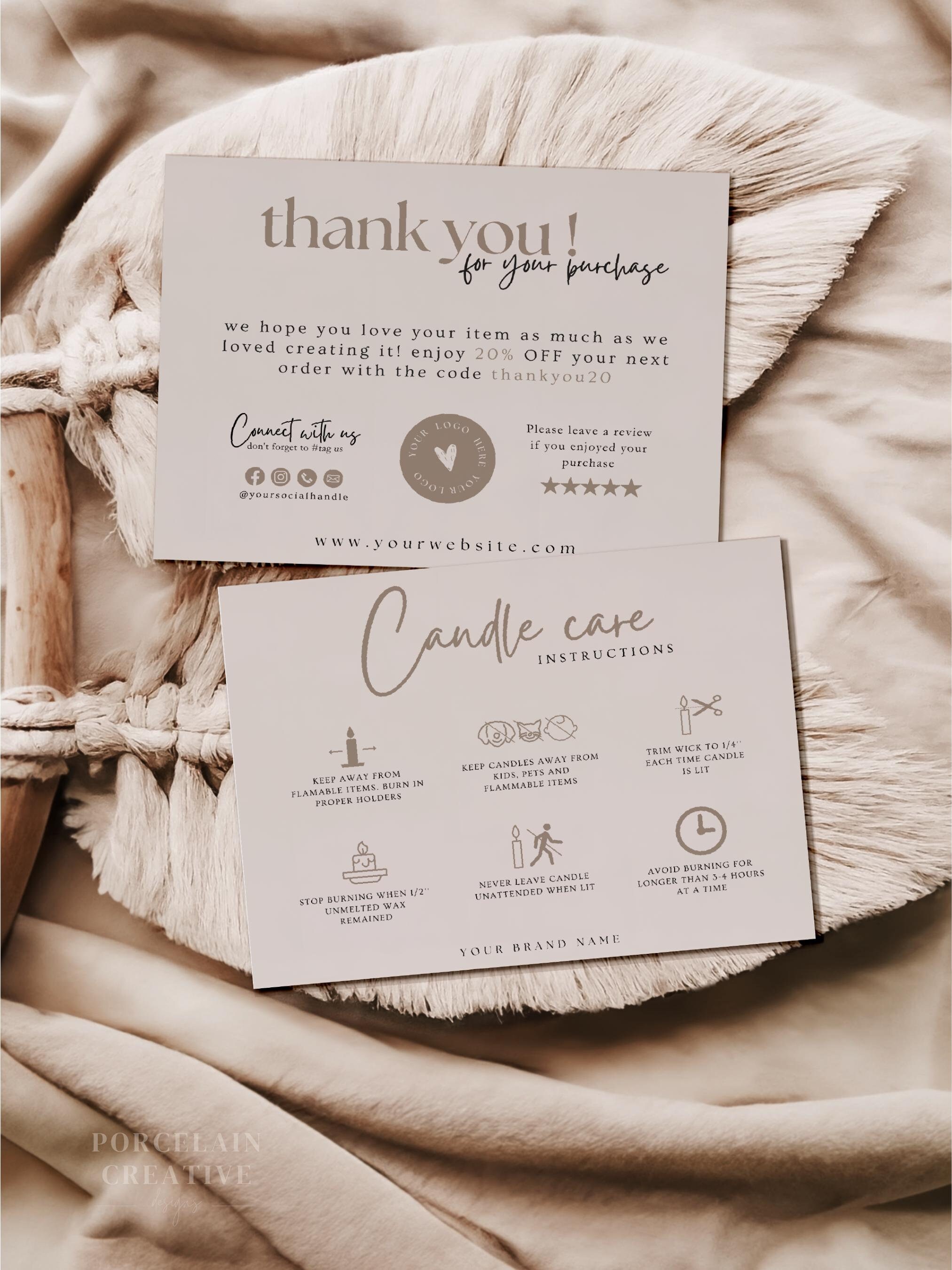 Modello modificabile per biglietti di auguri per la cura delle candele, biglietto di ringraziamento, scheda stampabile con istruzioni per la cura dell