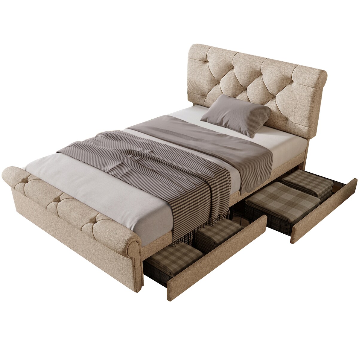 OKWISH Einzelbett Polsterbett 90×200 mit 2 Schubladen, höhenverstellbares Kopfteil, Chesterfield Design, Stauraum, Massivholz & Metall, Natürlich Image