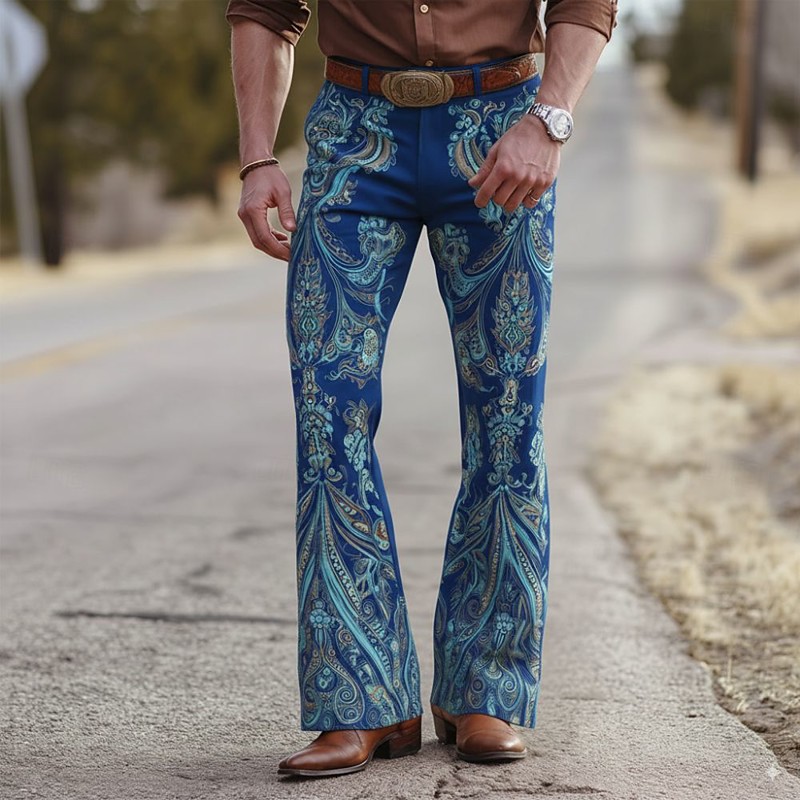 Men's Floral Print Flowers Disco Pants 60s 70s Bell Bottoms Mid Waist Western Vintage Retro Outdoor Vacation Party Side Pockets Flared Leg Pants Trousers Spring Fall 3D Print Blue Purple Beige