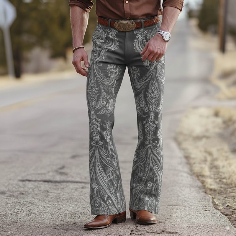 Men's Floral Print Flowers Disco Pants 60s 70s Bell Bottoms Mid Waist Western Vintage Retro Outdoor Vacation Party Side Pockets Flared Leg Pants Trousers Spring Fall 3D Print Blue Purple Beige
