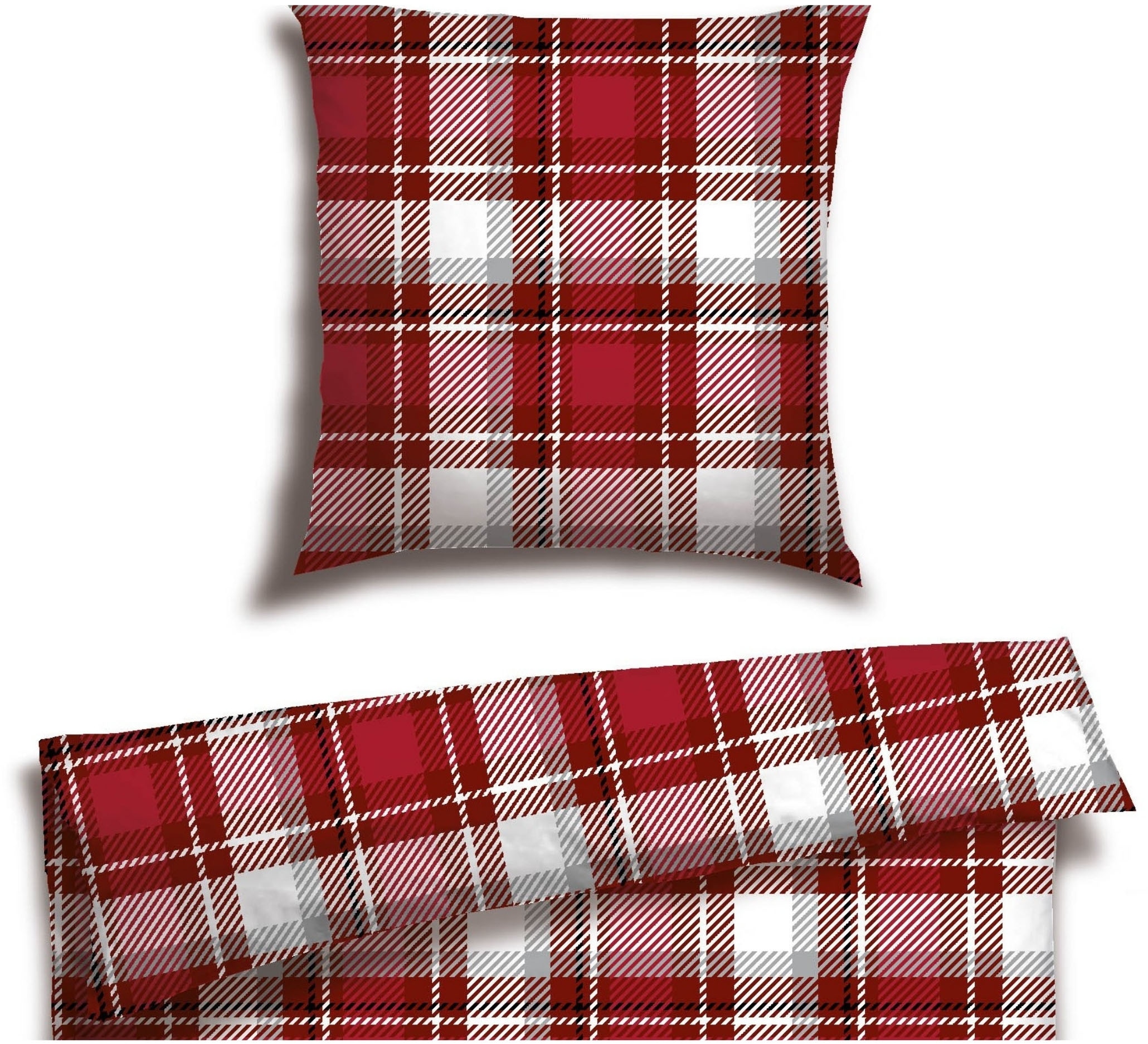 Bettwäsche SCHIESSER "Metor aus weichem Baumwollflanell mit Winterkaros", rot, B/L: 135cm x 200cm, 1 Stk., 1 Stk., Feinbiber, B/L: 80cm x 80cm, 2 Stk., Feinbiber, Obermaterial: 100% Baumwolle, Bettwäsche, Made in Green Image
