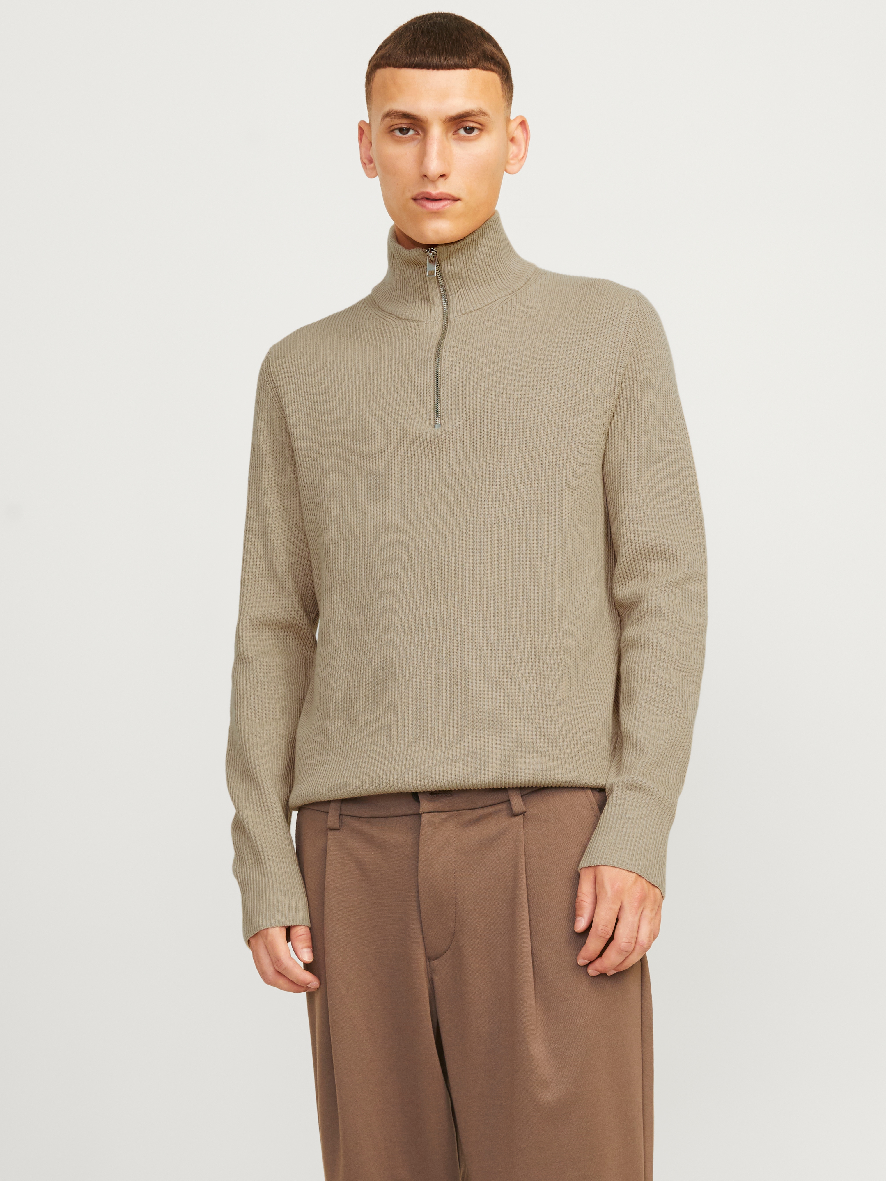 Troyer JACK & JONES "JJEPERFECT KNIT HALF ZIP SN", Herren, Gr. L, crockery, Strick, Obermaterial: 50% Baumwolle, 50% Polyester, unifarben, Rundhals, Bündchen, Pullover Image