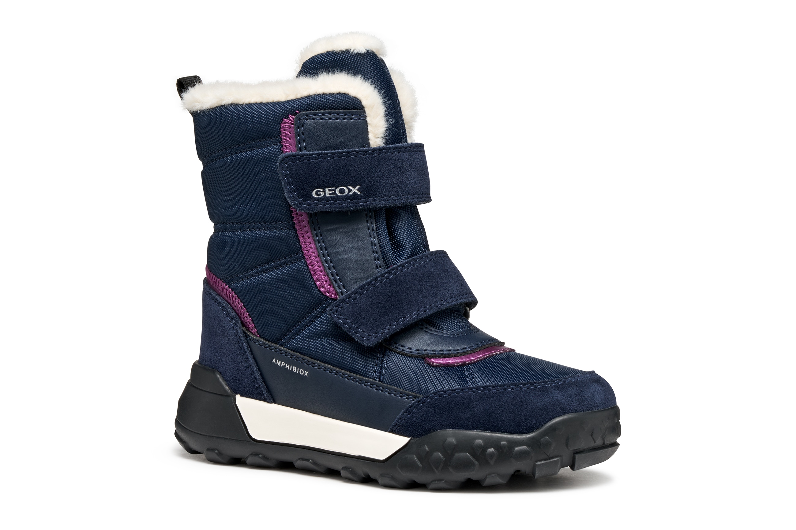 Winterboots GEOX "J TREKKYUP GIRL B AB", Mädchen, Gr. 34, navy, lila, Leder, Textil, Schuhe Winterboots, Klettstiefel mit Warmfutter, Größenschablone zum Download