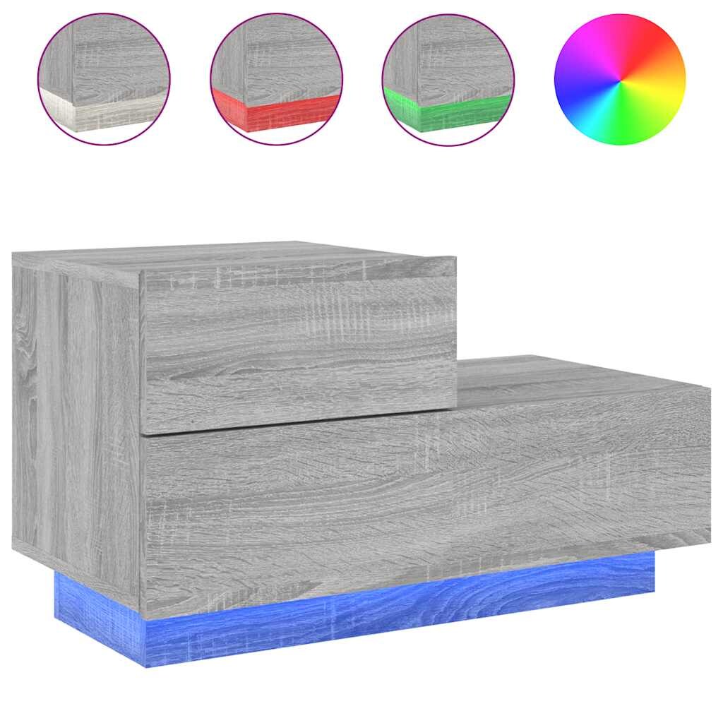 vidaXL Nachttisch mit LED-Leuchten Grau Sonoma 70x36x40,5 cm Image