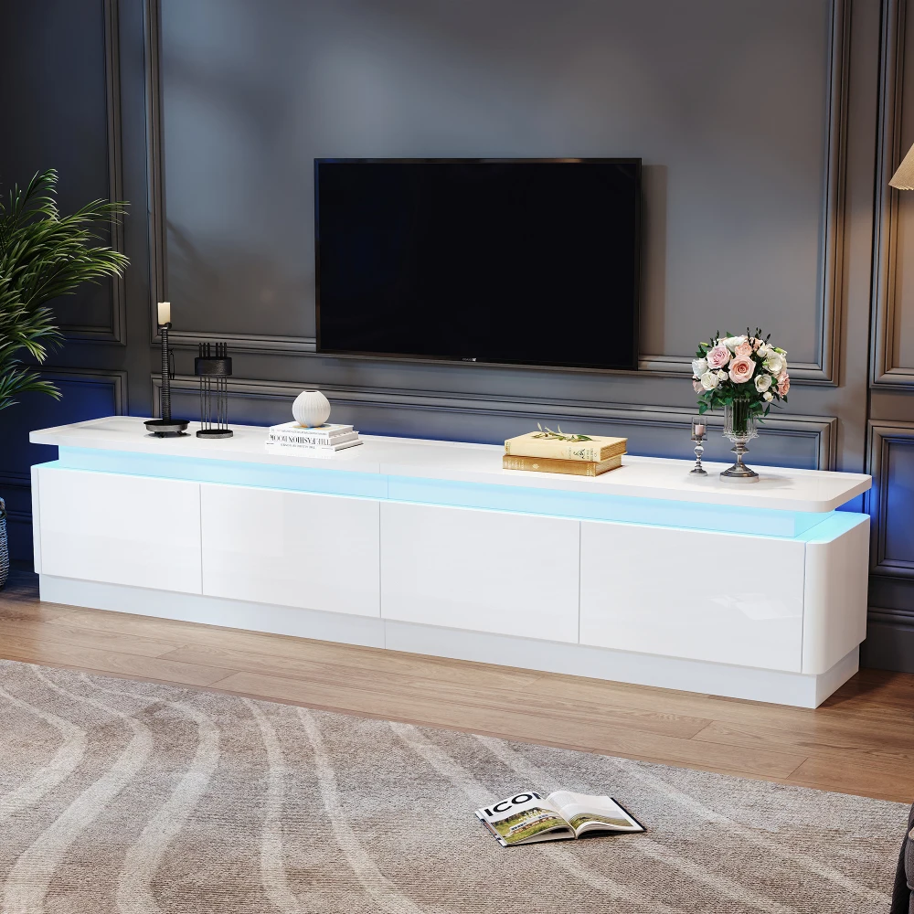 Meuble TV de salon moderne 180x34x40cm avec 4 tiroirs, meuble TV avec LED, panneau bas brillant, adapté aux téléviseurs de 80 pouces