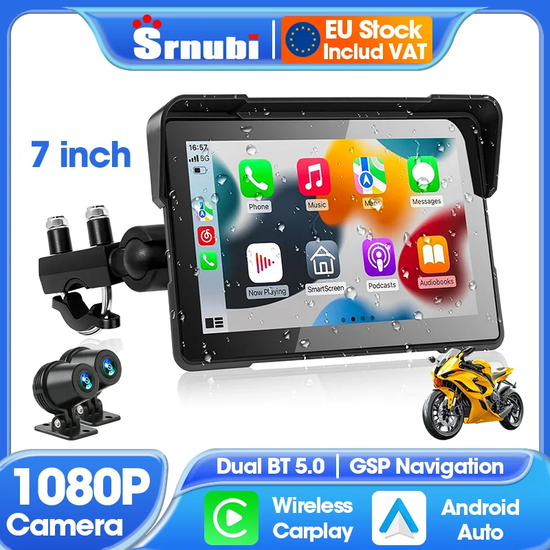 Schermo per motocicli CarPlay wireless da 5/7 '' Android Auto Cruscotto per moto digitale portatile DVR Navigazione GPS IPX7 Impermeabile