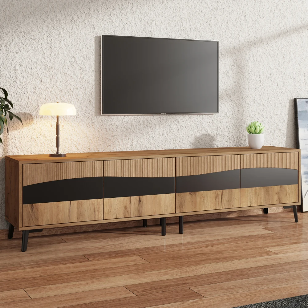 Meuble TV moderne 180x40x50cm, couleur bois + meuble TV fendu noir, avec 4 armoires et avec 8 pieds de Support, capacité de charge 30kg