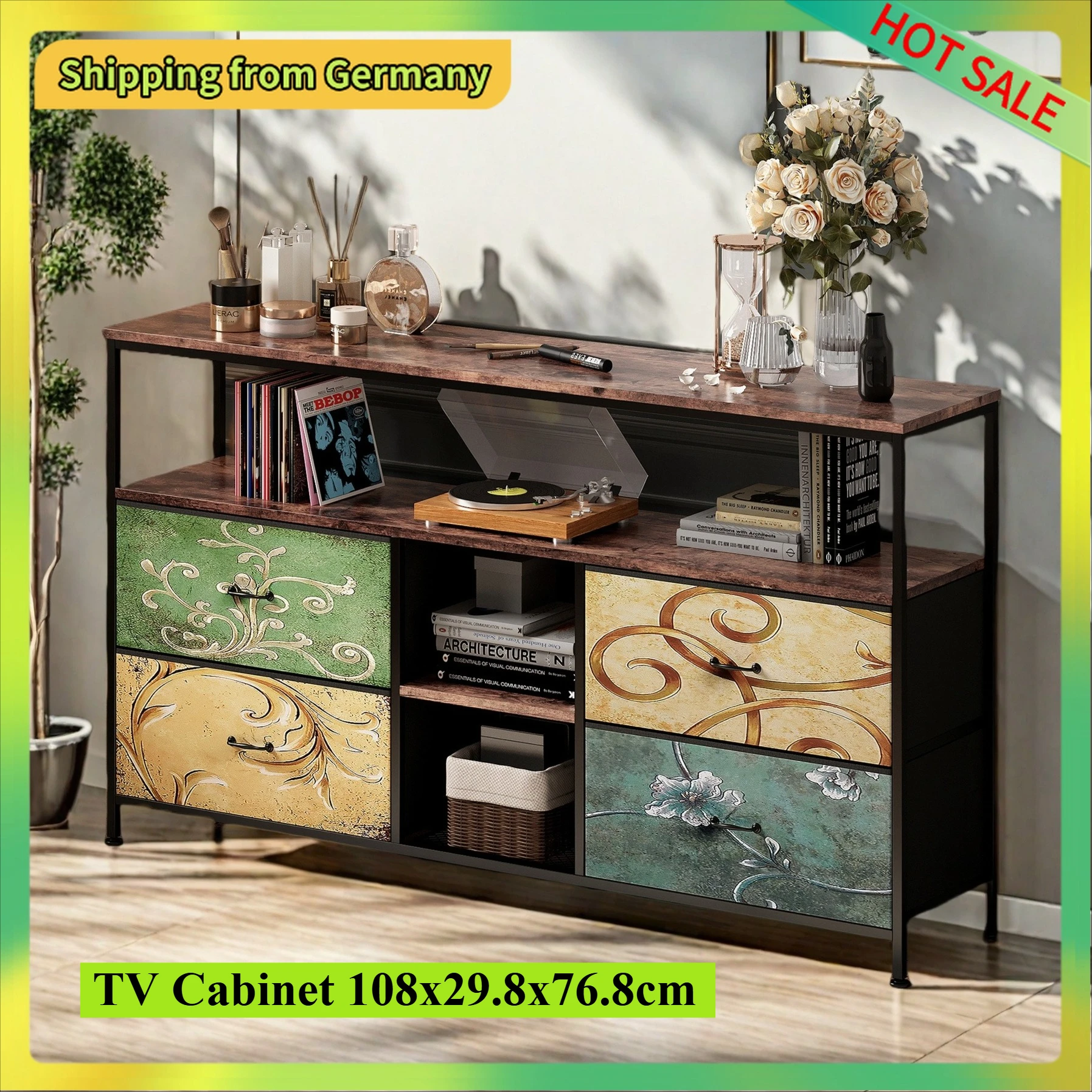 Comanlai Meuble TV avec 4 tiroirs en tissu, 108 x 29,8 x 76,8 cm, meuble TV pour salon, meuble de rangement avec compartiments ouverts