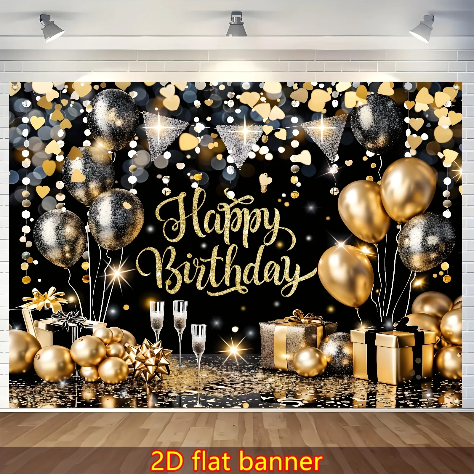 2D-Flachbanner, alles Gute zum Geburtstagsbanner, glänzende schwarze und goldene Geschenkballon-Geburtstagsfeier-Feierdekoration Image