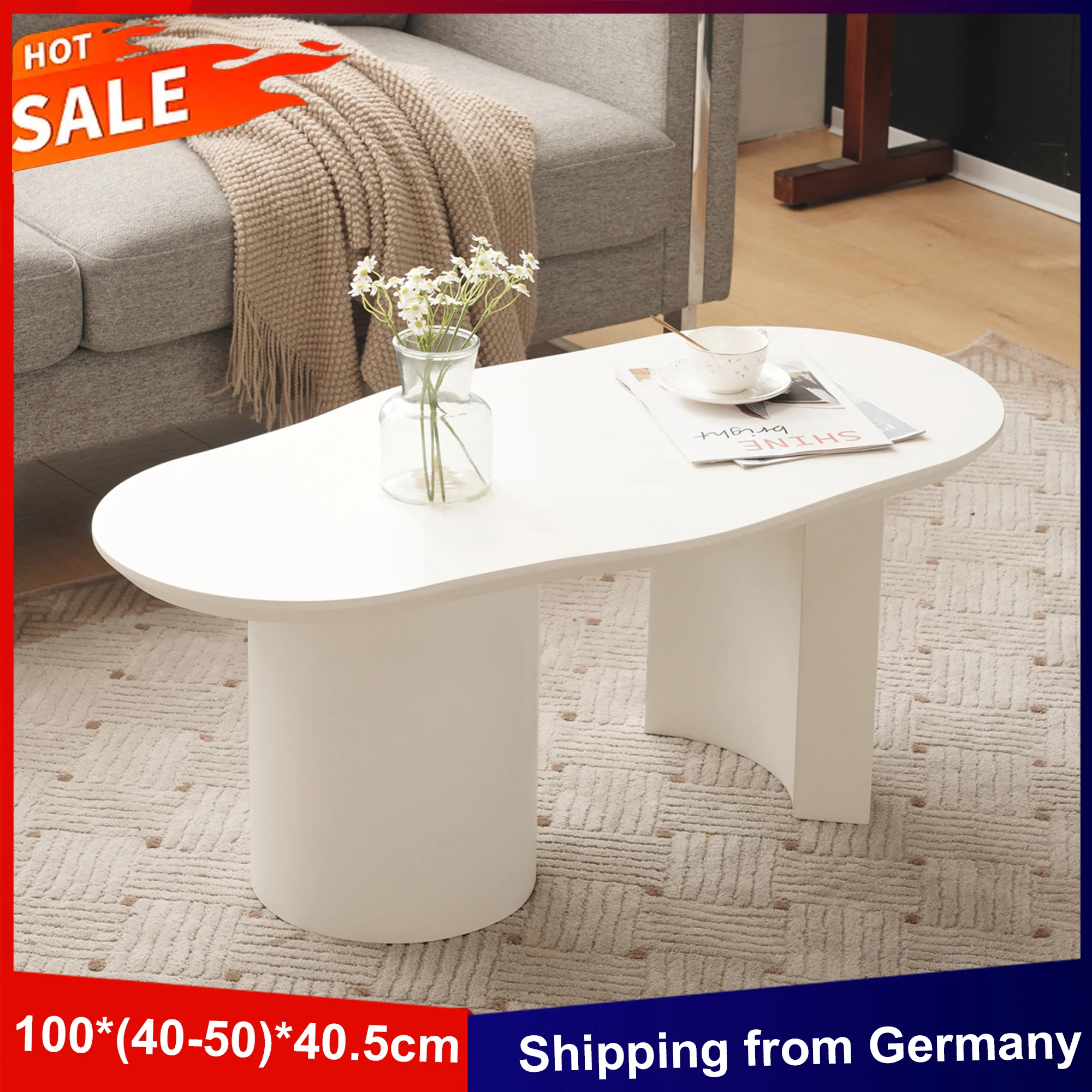 Anajqaqia 100 x 50 x 40,5 cm unregelmäßiger Couchtisch, moderner Sofatisch, Beistelltisch, elegante gebogene Tischplatte für Wohnzimmer, weiß Image
