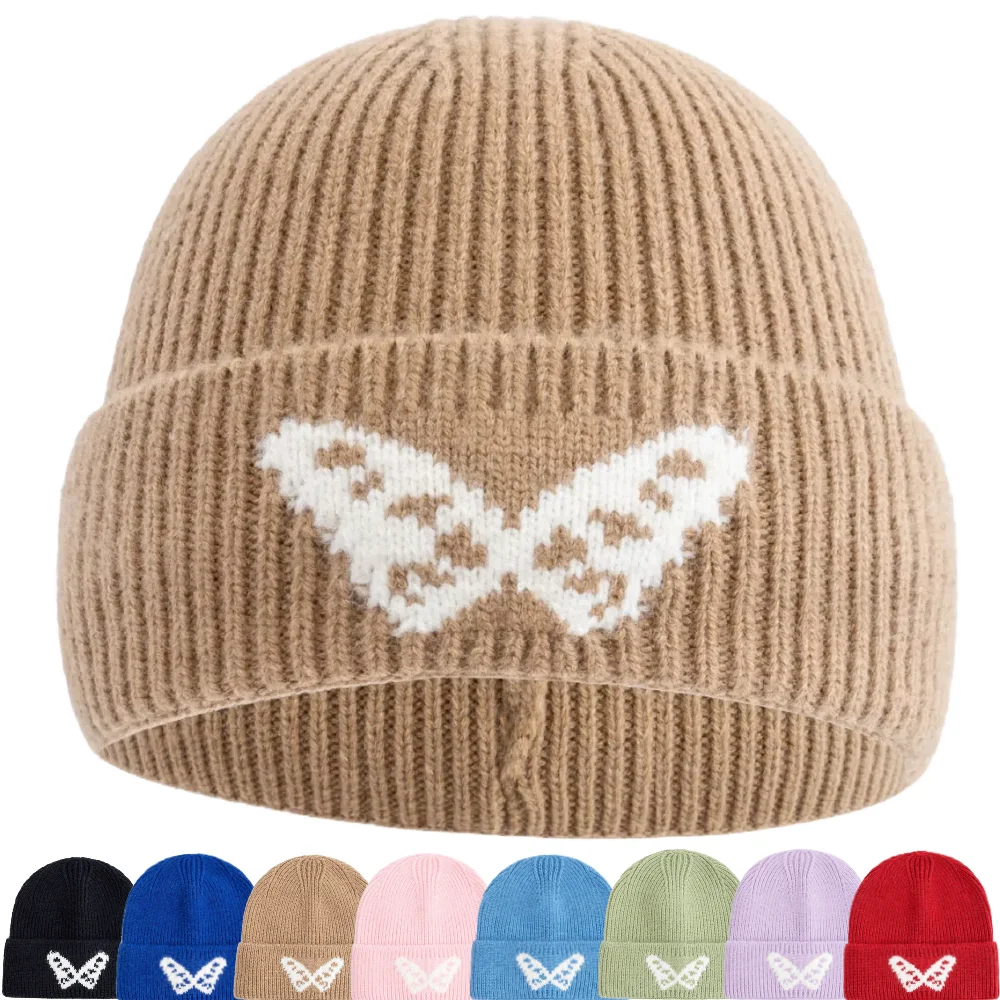 Heißer Verkauf Schmetterling Stickerei Beanie Hüte Winter Warme Mütze Y2K Hüte Für Frauen Einfarbig Winter Gestrickte Mädchen Hüte Geschenk Image