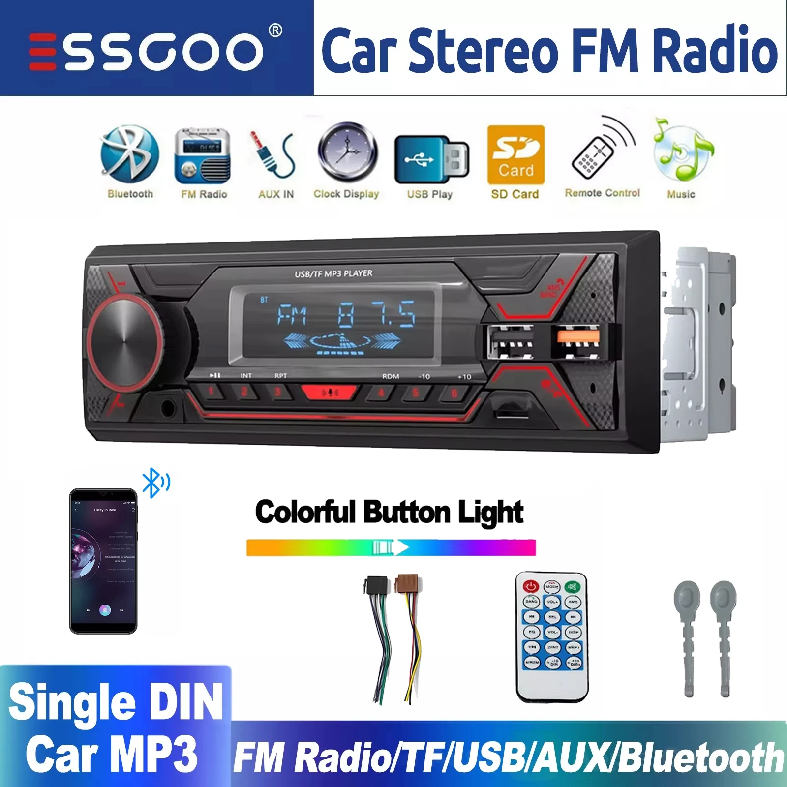 ESSGOO Universal Auto Stereo Radio MP3 Player 1Din SD/USB/AUX Head Unit Bluetooth Player In-dash FM USB TF AUX W/Bunte Lichter