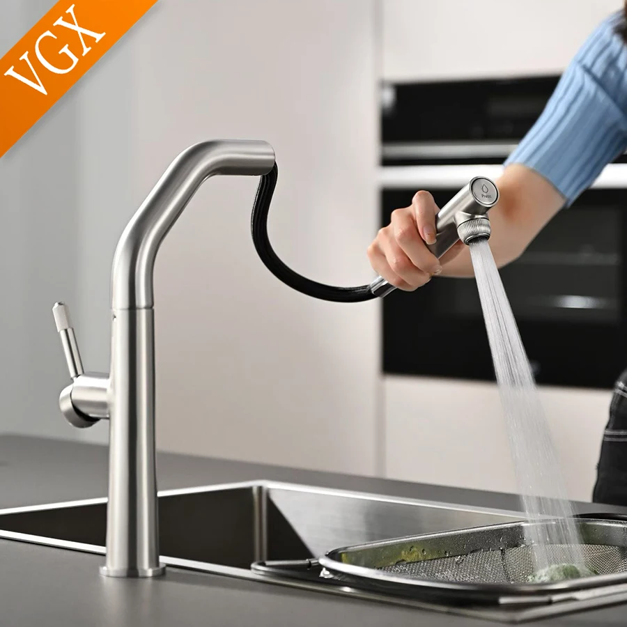 VGX robinet de cuisine double bec, robinet d'eau potable Pure extractible, mélangeur d'évier de cuisine en acier inoxydable, grue de robinet gastronomique de cuisine